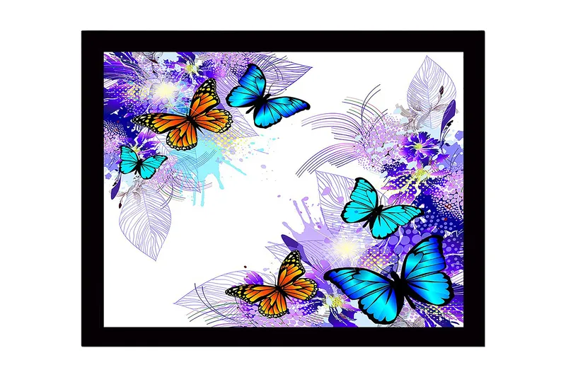 Innrammet lerret i tre - 41x56 cm - Fargerike sommerfugler i en livlig komposisjon, Blå / Oransje / Lilla