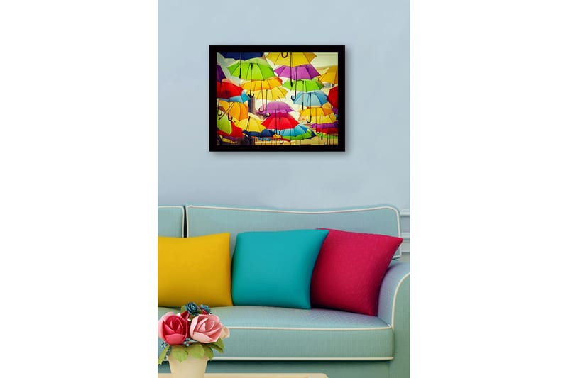 Innrammet lerret i tre - 41x56 cm - Fargerike paraplyer som svever over et urbant miljø - Gul / Grønn / Rød - Innredning - Bilder & kunst