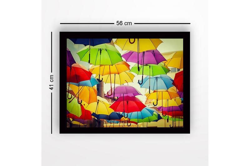 Innrammet lerret i tre - 41x56 cm - Fargerike paraplyer som svever over et urbant miljø - Gul / Grønn / Rød - Innredning - Bilder & kunst