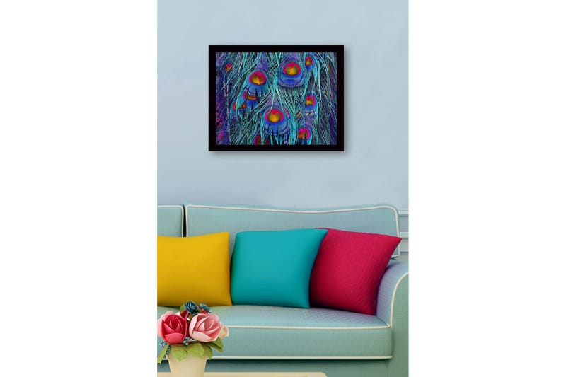 Innrammet lerret i tre - 41x56 cm - Fargerike påfuglfjær i en abstrakt komposisjon - Turkis / Lilla / Gull - Innredning - Bilder & kunst