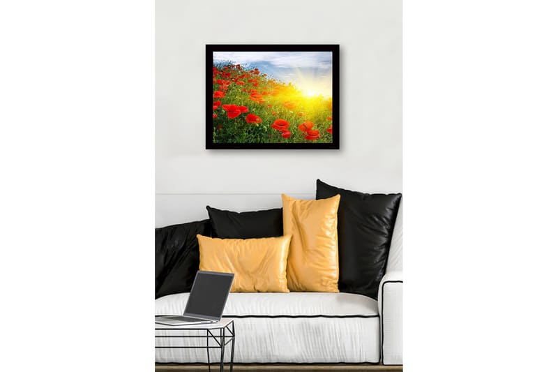 Innrammet lerret i tre - 41x56 cm - Felt med røde valmuer i soloppgangens lys - Rød / Grønn / Gul - Innredning - Bilder & kunst