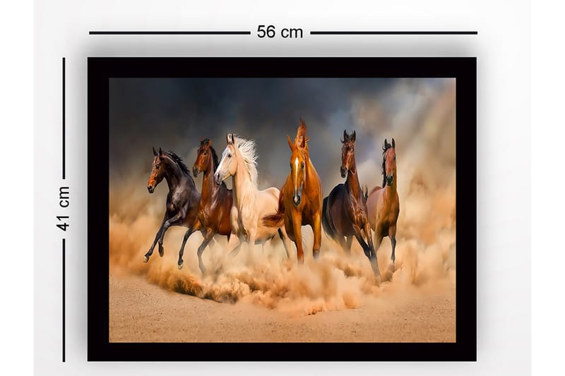 Innrammet lerret i tre - 41x56 cm - Fem hester som beveger seg gjennom en sandstorm - Brun / Beige / Svart - Innredning - Bilder & kunst