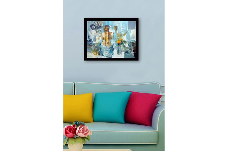 Innrammet lerret i tre - 41x56 cm - Figurativ komposisjon med en kvinne som vender ryggen til betrakteren og to barn i bakgrunnen - Blå / Oransje / Grå - Innredning - Bilder & kunst