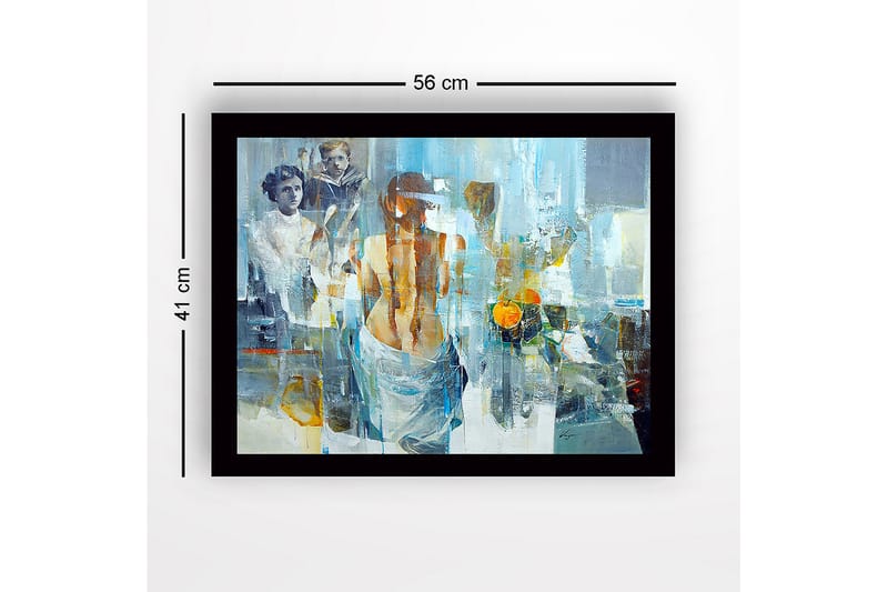 Innrammet lerret i tre - 41x56 cm - Figurativ komposisjon med en kvinne som vender ryggen til betrakteren og to barn i bakgrunnen - Blå / Oransje / Grå - Innredning - Bilder & kunst