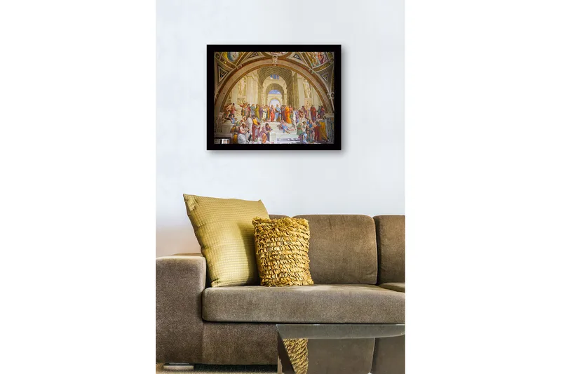 Innrammet lerret i tre - 41x56 cm - Filosofisk samling av tenkere i et stort arkitektonisk miljø - Blå / Beige / Rød - Innredning - Bilder & kunst