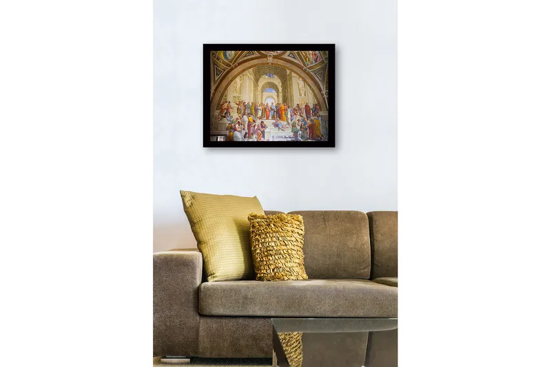 Innrammet lerret i tre - 41x56 cm - Filosofisk samling av tenkere i et stort arkitektonisk miljø - Blå / Beige / Rød - Innredning - Bilder & kunst
