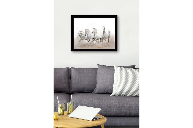 Innrammet lerret i tre - 41x56 cm - Fire hvite hester i bevegelse - Hvit / Lys grå - Innredning - Bilder & kunst