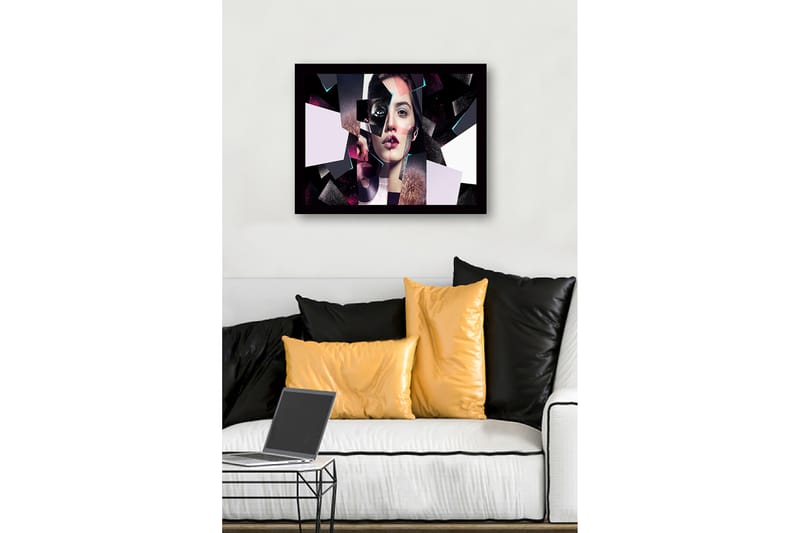 Innrammet lerret i tre - 41x56 cm - Fragmentert portrett av en kvinne med geometriske former - Svart / Rosa / Lys blå - Innredning - Bilder & kunst