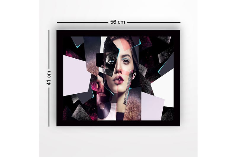 Innrammet lerret i tre - 41x56 cm - Fragmentert portrett av en kvinne med geometriske former - Svart / Rosa / Lys blå - Innredning - Bilder & kunst