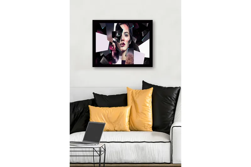 Innrammet lerret i tre - 41x56 cm - Fragmentert portrett av en kvinne med geometriske former - Svart / Rosa / Lys blå - Innredning - Bilder & kunst