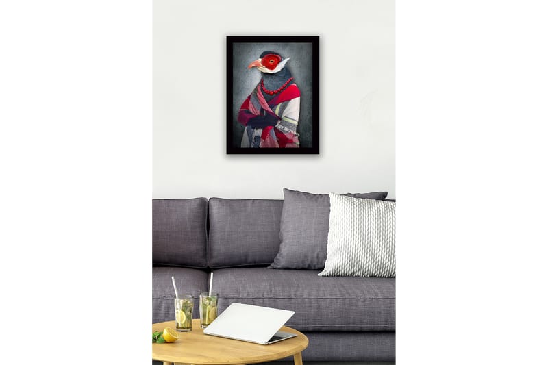 Innrammet lerret i tre - 41x56 cm - Fugl med klær og smykker i stilisert portrettform - Rød / Blå / Grå - Innredning - Bilder & kunst