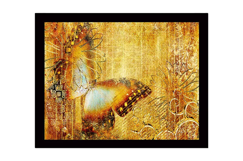 Innrammet lerret i tre - 41x56 cm - Glitrende sommerfugl i gyldne omgivelser, Gull / Brun / Blå