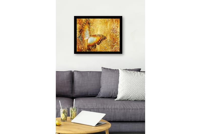 Innrammet lerret i tre - 41x56 cm - Glitrende sommerfugl i gyldne omgivelser - Gull / Brun / Blå - Innredning - Bilder & kunst