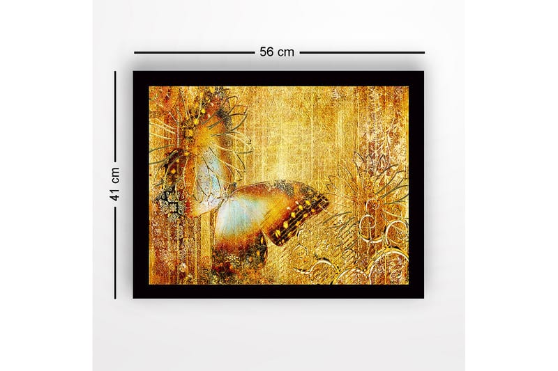 Innrammet lerret i tre - 41x56 cm - Glitrende sommerfugl i gyldne omgivelser - Gull / Brun / Blå - Innredning - Bilder & kunst