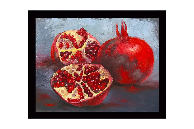 Innrammet lerret i tre - 41x56 cm - Granatepler i en rolig komposisjon, Rød / Beige / Grå