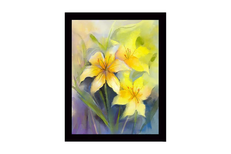 Innrammet lerret i tre - 41x56 cm - Gule liljer i en myk og drømmende komposisjon, Gul / Grønn / Lilla