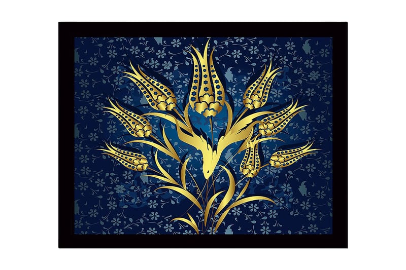 Innrammet lerret i tre - 41x56 cm - Gyldne blomster mot en mørkeblå bakgrunn - Gull / Mørkeblå - Innredning - Bilder & kunst