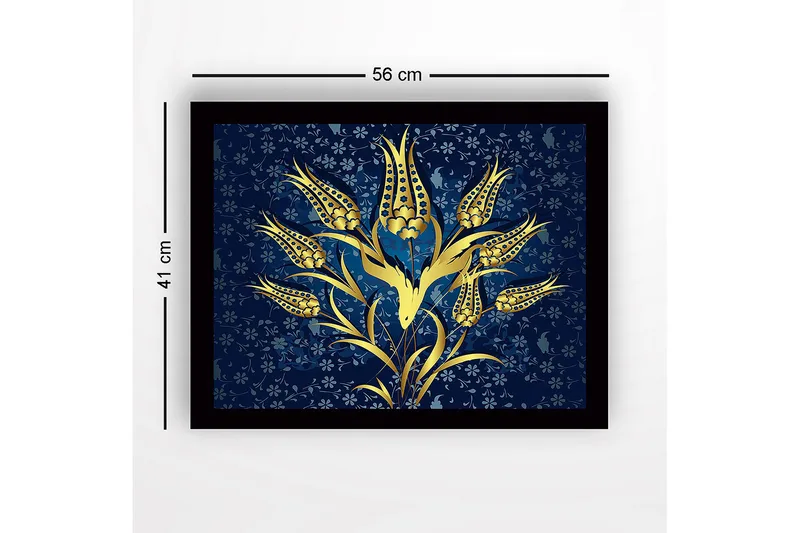 Innrammet lerret i tre - 41x56 cm - Gyldne blomster mot en mørkeblå bakgrunn - Gull / Mørkeblå - Innredning - Bilder & kunst