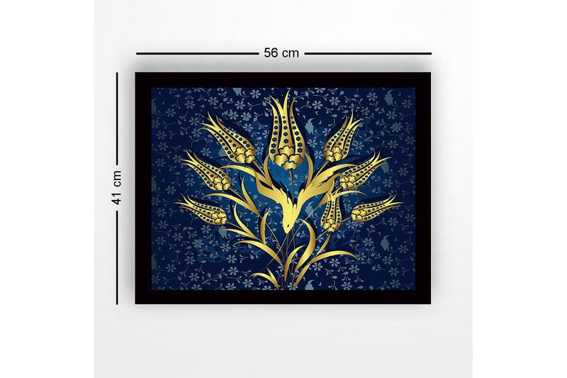 Innrammet lerret i tre - 41x56 cm - Gyldne blomster mot en mørkeblå bakgrunn - Gull / Mørkeblå - Innredning - Bilder & kunst