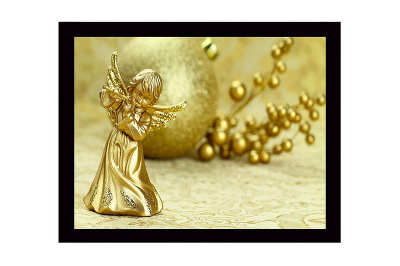 Innrammet lerret i tre - 41x56 cm - Gyllen engel som spiller fløyte, Gull / Beige