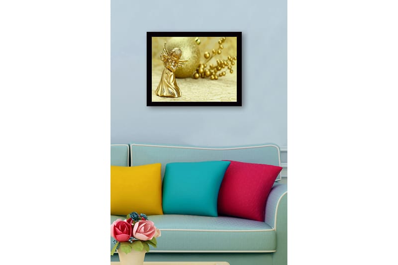 Innrammet lerret i tre - 41x56 cm - Gyllen engel som spiller fløyte - Gull / Beige - Innredning - Bilder & kunst
