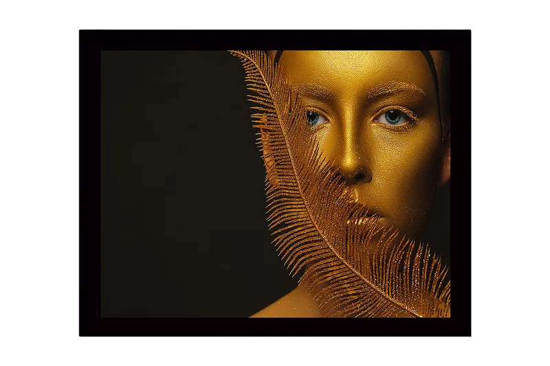 Innrammet lerret i tre - 41x56 cm - Gyllent ansikt delvis skjult av en fjærlignende struktur - Gull / Svart - Innredning - Bilder & kunst