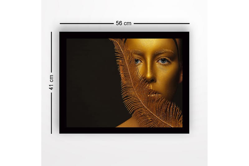 Innrammet lerret i tre - 41x56 cm - Gyllent ansikt delvis skjult av en fjærlignende struktur - Gull / Svart - Innredning - Bilder & kunst