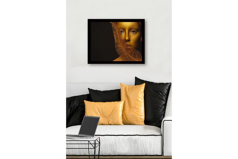 Innrammet lerret i tre - 41x56 cm - Gyllent ansikt delvis skjult av en fjærlignende struktur - Gull / Svart - Innredning - Bilder & kunst