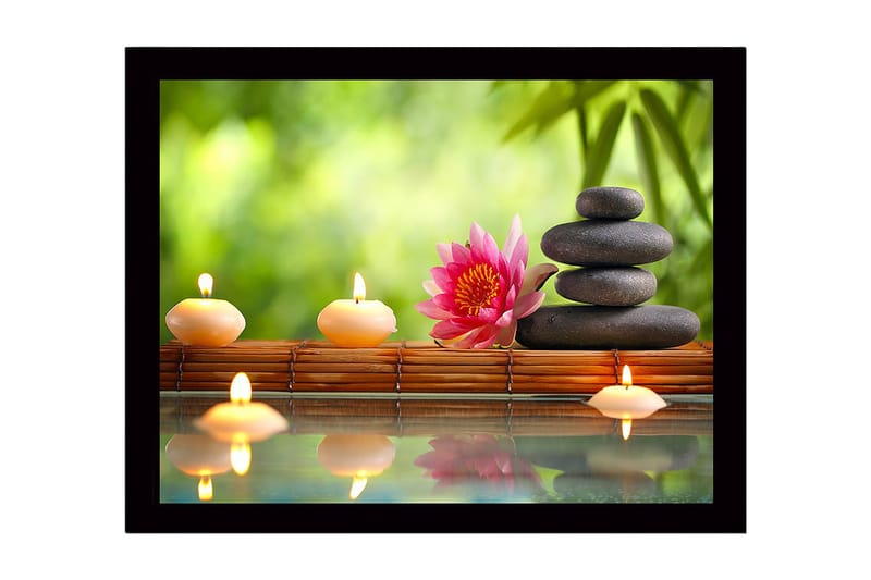 Innrammet lerret i tre - 41x56 cm - Harmonisk komposisjon med steiner, stearinlys og en lotusblomst - Rosa / Svart / Beige - Innredning - Bilder & kunst