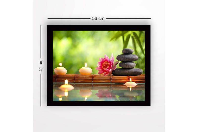 Innrammet lerret i tre - 41x56 cm - Harmonisk komposisjon med steiner, stearinlys og en lotusblomst - Rosa / Svart / Beige - Innredning - Bilder & kunst