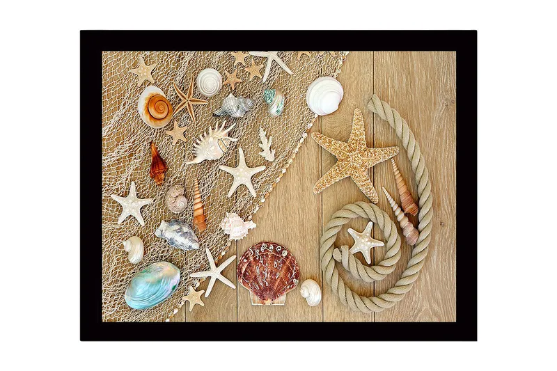 Innrammet lerret i tre - 41x56 cm - Havinspirert samling av skjell og sjøstjerner - Beige / Hvit / Blå - Innredning - Bilder & kunst