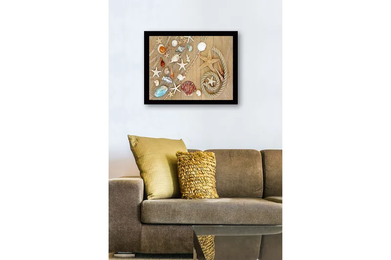 Innrammet lerret i tre - 41x56 cm - Havinspirert samling av skjell og sjøstjerner - Beige / Hvit / Blå - Innredning - Bilder & kunst