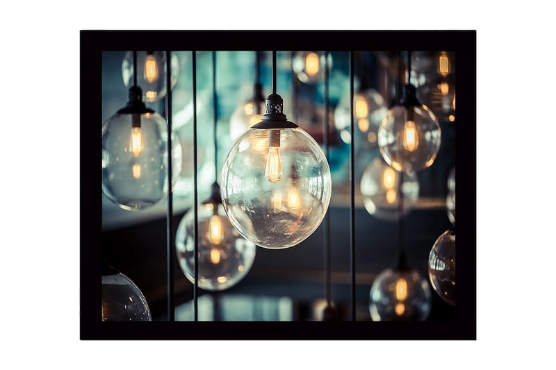 Innrammet lerret i tre - 41x56 cm - Hengende glasskupler med lyskilder, Klar / Gull / Svart