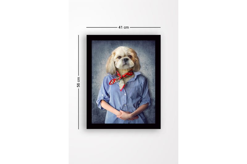Innrammet lerret i tre - 41x56 cm - Hund med menneskelignende trekk iført skjorte og skjerf - Blå / Beige / Rød - Innredning - Bilder & kunst