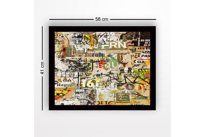 Innrammet lerret i tre - 41x56 cm - Kollasje av plakater og typografi i forskjellige stiler - Gul / Grønn / Brun - Innredning - Bilder & kunst