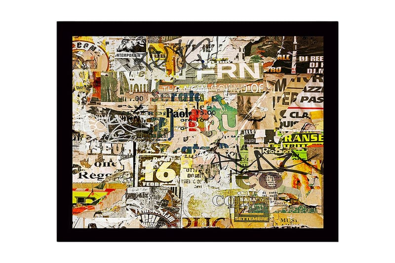 Innrammet lerret i tre - 41x56 cm - Kollasje av plakater og typografi i forskjellige stiler - Gul / Grønn / Brun - Innredning - Bilder & kunst