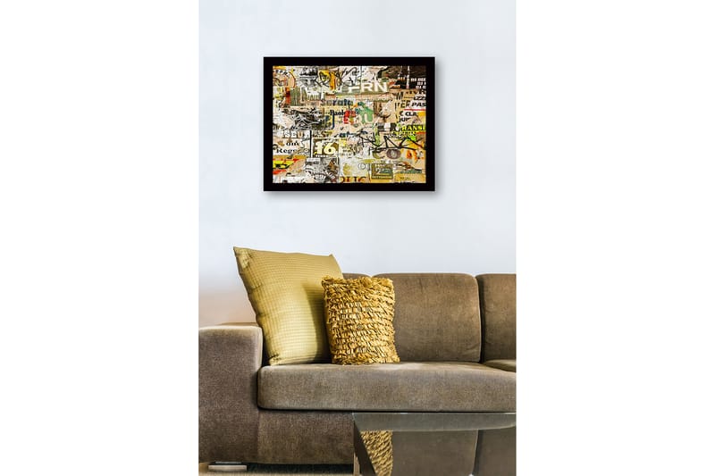 Innrammet lerret i tre - 41x56 cm - Kollasje av plakater og typografi i forskjellige stiler - Gul / Grønn / Brun - Innredning - Bilder & kunst