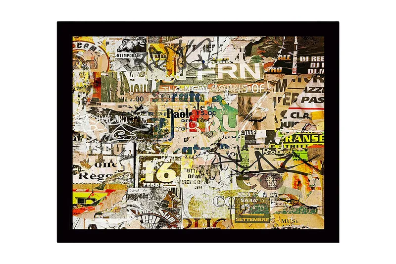 Innrammet lerret i tre - 41x56 cm - Kollasje av plakater og typografi i forskjellige stiler - Gul / Grønn / Brun - Innredning - Bilder & kunst