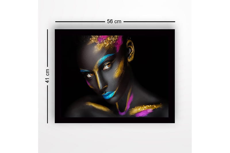 Innrammet lerret i tre - 41x56 cm - Kunstverk av en kvinne med fargerik ansiktsmaling - Svart / Blå / Gull - Innredning - Bilder & kunst