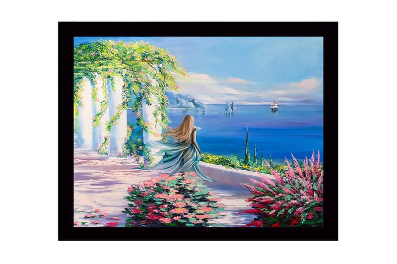 Innrammet lerret i tre - 41x56 cm - Kvinne i blå kjole som ser ut over havet med blomster i forgrunnen - Blå / Grønn / Rosa - Innredning - Bilder & kunst