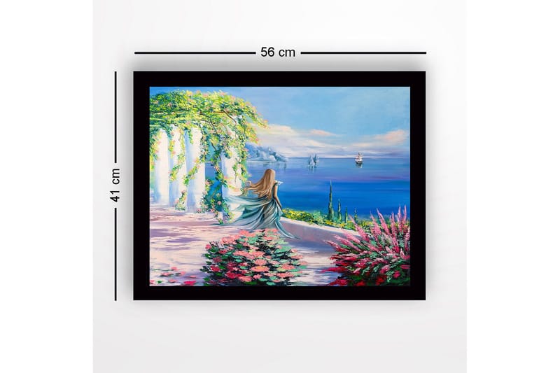 Innrammet lerret i tre - 41x56 cm - Kvinne i blå kjole som ser ut over havet med blomster i forgrunnen - Blå / Grønn / Rosa - Innredning - Bilder & kunst