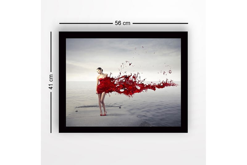 Innrammet lerret i tre - 41x56 cm - Kvinne i rød kjole med flytende røde malingspartikler - Rød / Grå - Innredning - Bilder & kunst