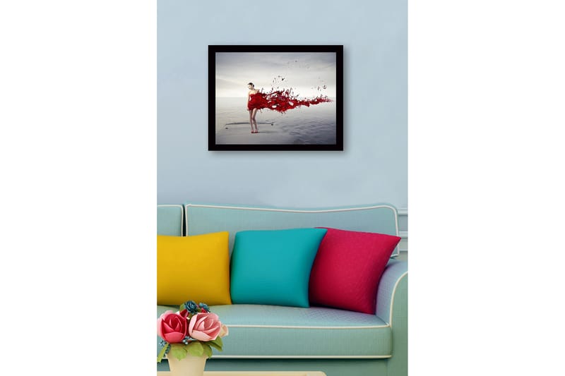 Innrammet lerret i tre - 41x56 cm - Kvinne i rød kjole med flytende røde malingspartikler - Rød / Grå - Innredning - Bilder & kunst