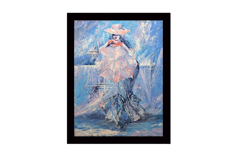 Innrammet lerret i tre - 41x56 cm - Kvinne med parasoll i et drømmeaktig, blått miljø, Blå / Rosa / Hvit