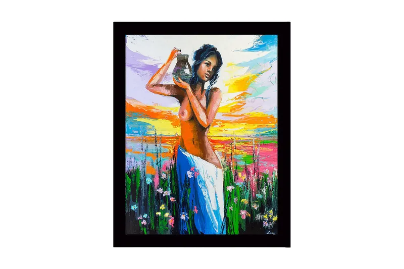 Innrammet lerret i tre - 41x56 cm - Kvinne som bærer en potte i et fargerikt landskap, Oransje / Grønn / Blå