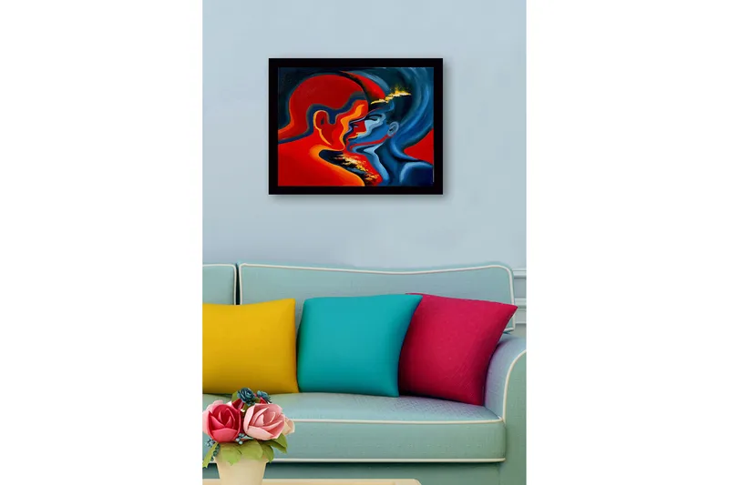 Innrammet lerret i tre - 41x56 cm - Lidenskapelig møte mellom to ansikter i intense farger - Rød / Blå / Oransje - Innredning - Bilder & kunst