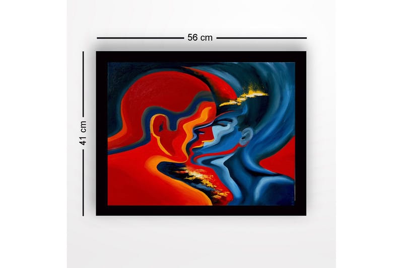 Innrammet lerret i tre - 41x56 cm - Lidenskapelig møte mellom to ansikter i intense farger - Rød / Blå / Oransje - Innredning - Bilder & kunst