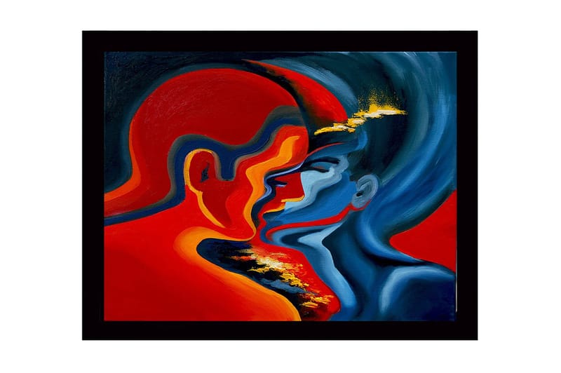 Innrammet lerret i tre - 41x56 cm - Lidenskapelig møte mellom to ansikter i intense farger, Rød / Blå / Oransje
