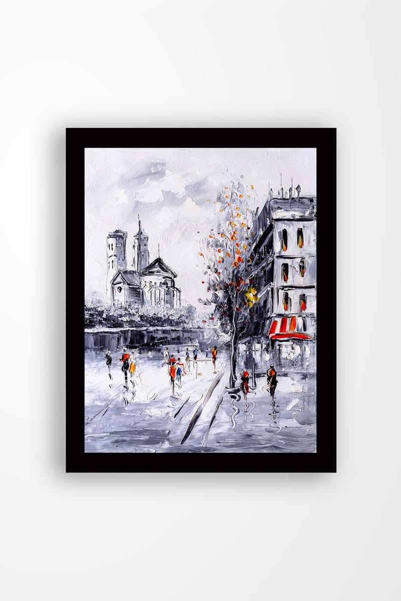 Innrammet lerret i tre - 41x56 cm - Livlig bybilde med folk som går i et høstlig miljø - Grå / Oransje / Rød - Innredning - Bilder & kunst