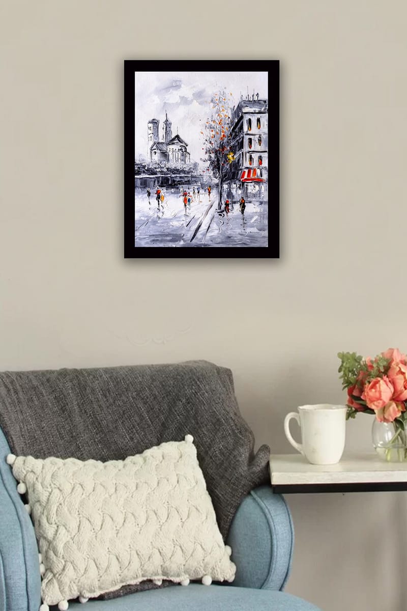 Innrammet lerret i tre - 41x56 cm - Livlig bybilde med folk som går i et høstlig miljø - Grå / Oransje / Rød - Innredning - Bilder & kunst